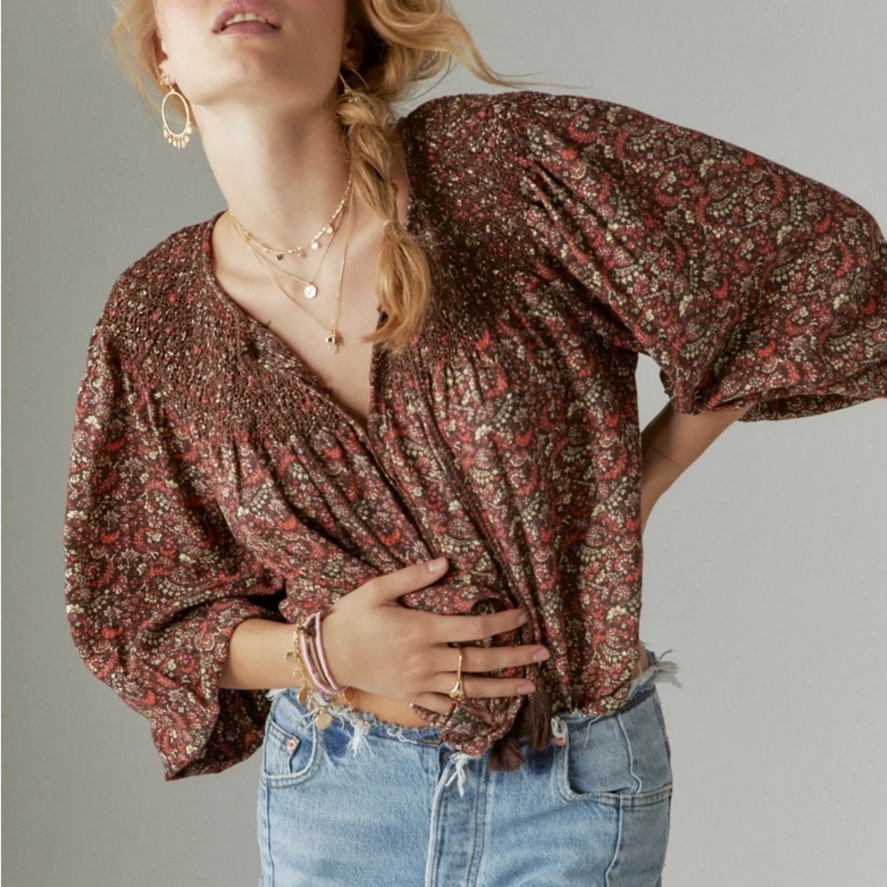 Lucky Brand Floral Printed Smocked Peasant Blouse Top - Picture 14 of 14